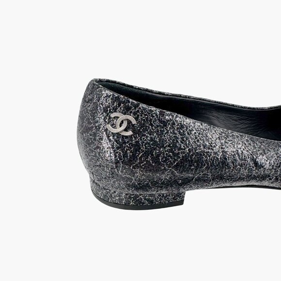 Chanel CC Cap Toe Ballet Flats Black Silver Leather Size 37.5 US 6.5–7 Women - Picture 10 of 15